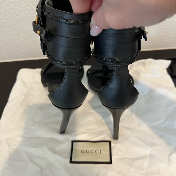 Gucci Black Leather & Gold Horse Bit Ankle Cuff Stiletto Heel Gladiator Sandal - Picture 12 of 15